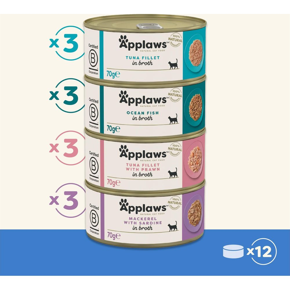 Vier Dosen Applaws Katzenfutter gestapelt: Thunfisch, Meeresfisch, Thunfisch mit Garnelen, Makrele mit Sardine.