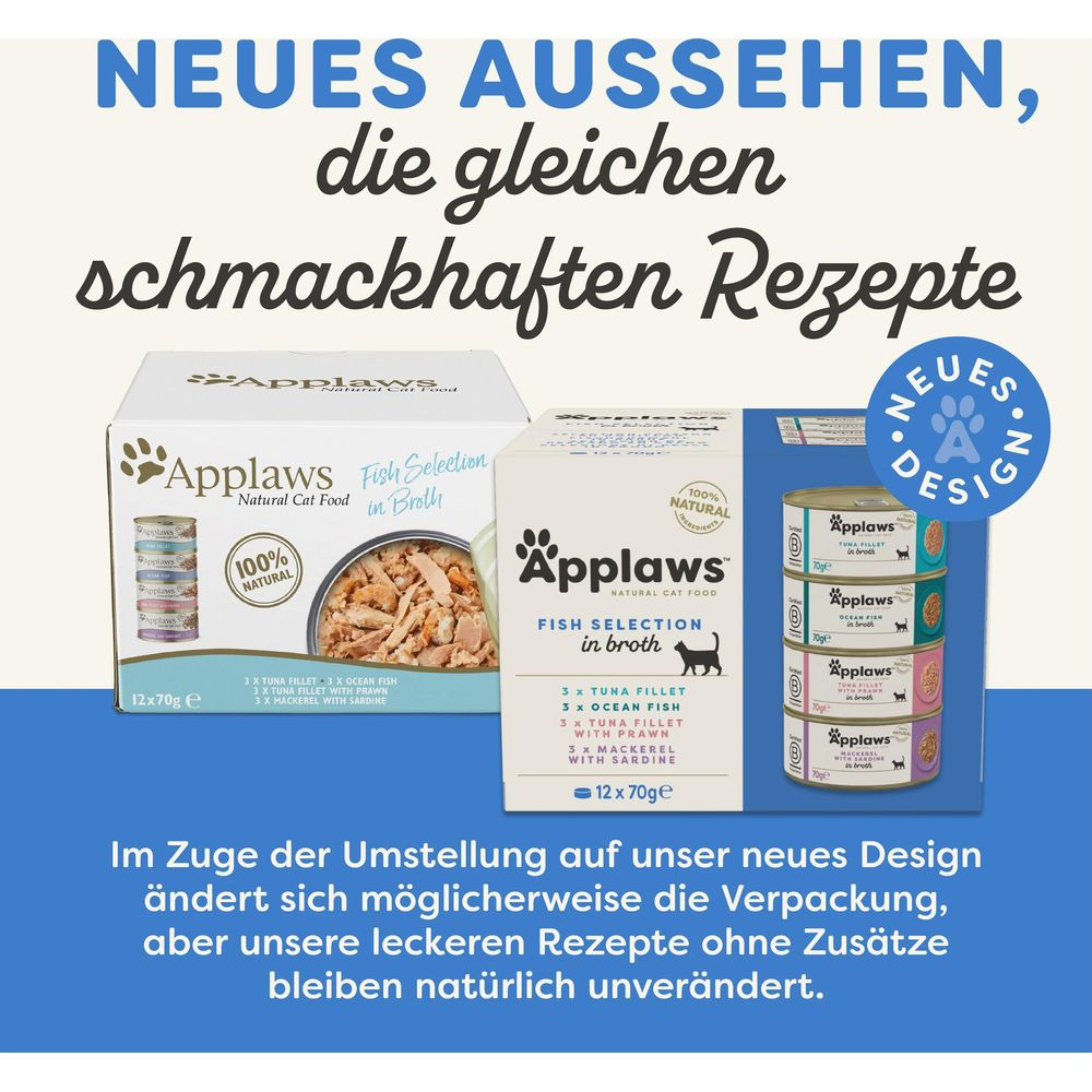 Applaws Katzenfutter: 12 Dosen Fisch in Brühe, neues Design, gleiche Rezepte.