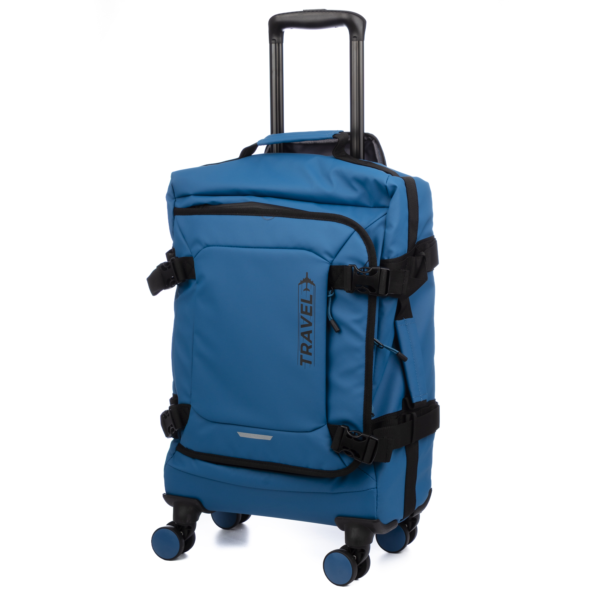 Un trolley blu con manico e ruote nere su sfondo bianco.