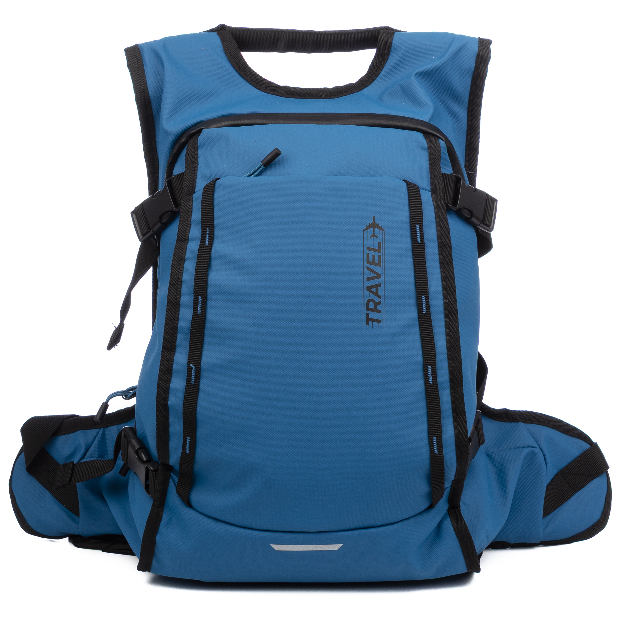 Zaino blu con cinghie nere e tasche laterali. Testo 'TRAVEL' sul davanti.