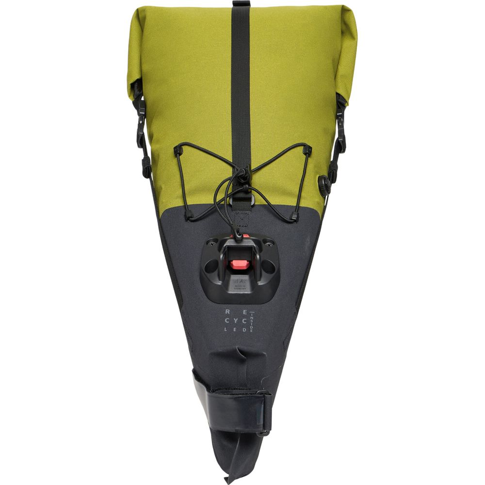 Sac de vélo vert avec système de fixation noir et fermeture à cordon.