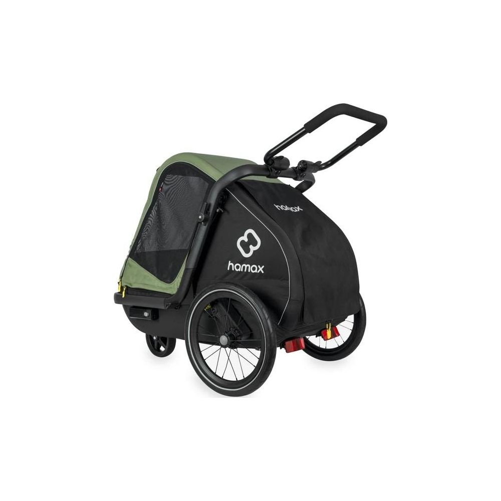 Ein schwarzer und grüner Hamax Kinderwagen mit zwei großen Rädern und Griff.