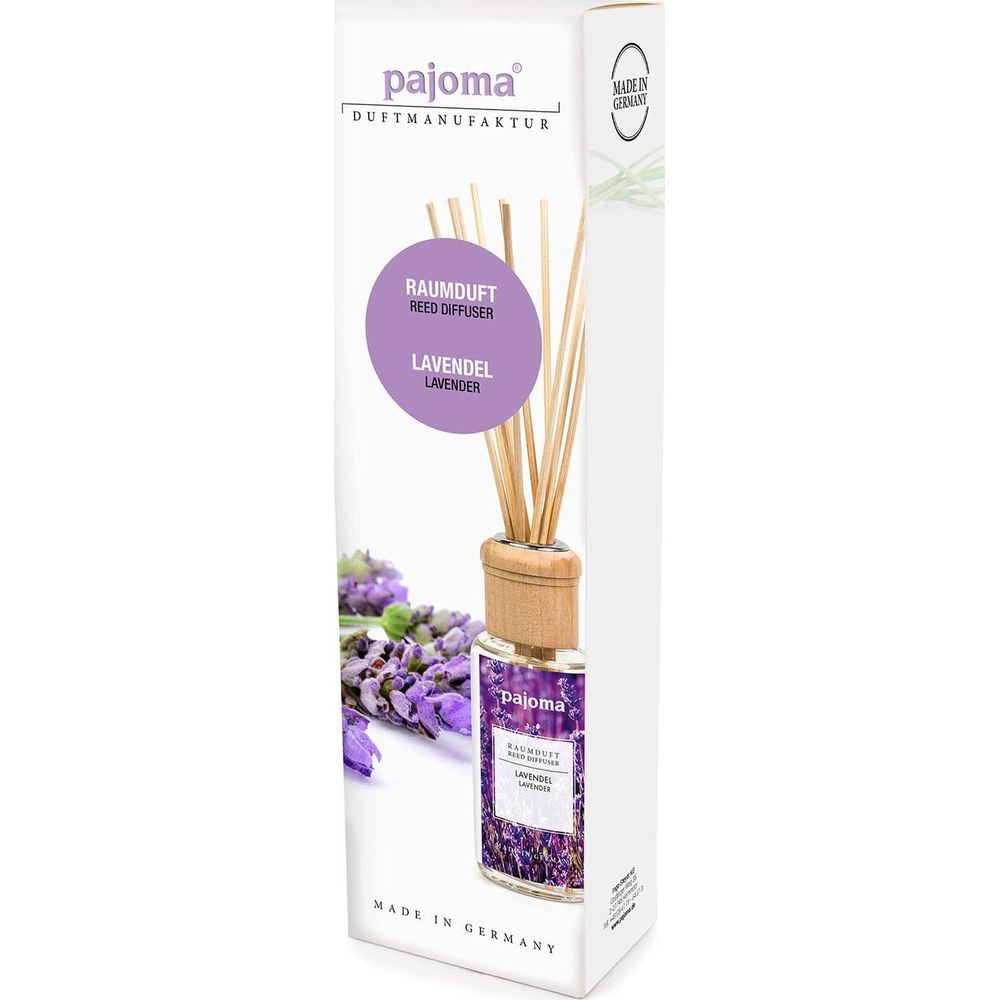 Pajoma Lavendel Raumduft mit Holzstäbchen und lila Lavendelblüten.