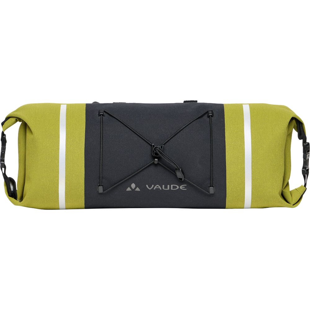 Sac Vaude vert et gris avec bandes réfléchissantes et cordon élastique.