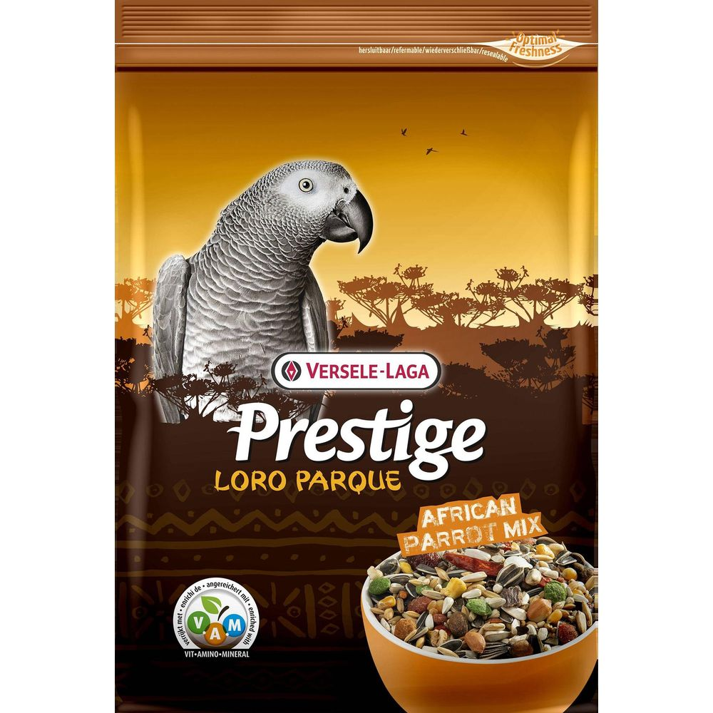 Verpackung mit Graupapagei, Vogelfutter und Savannen-Silhouette.