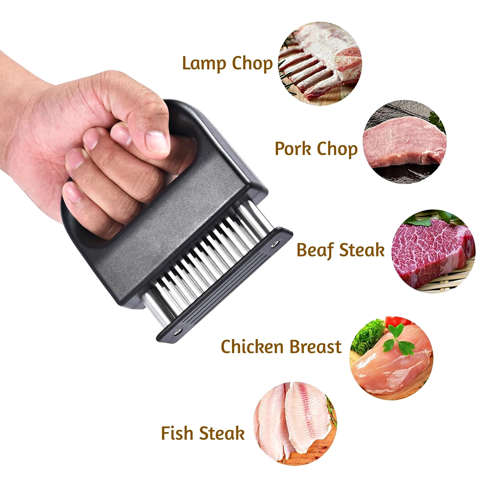 Fleischklopfer mit verschiedenen Fleischstücken: Lammkotelett, Schweinekotelett, Rindersteak, Hähnchenbrust, Fischsteak.