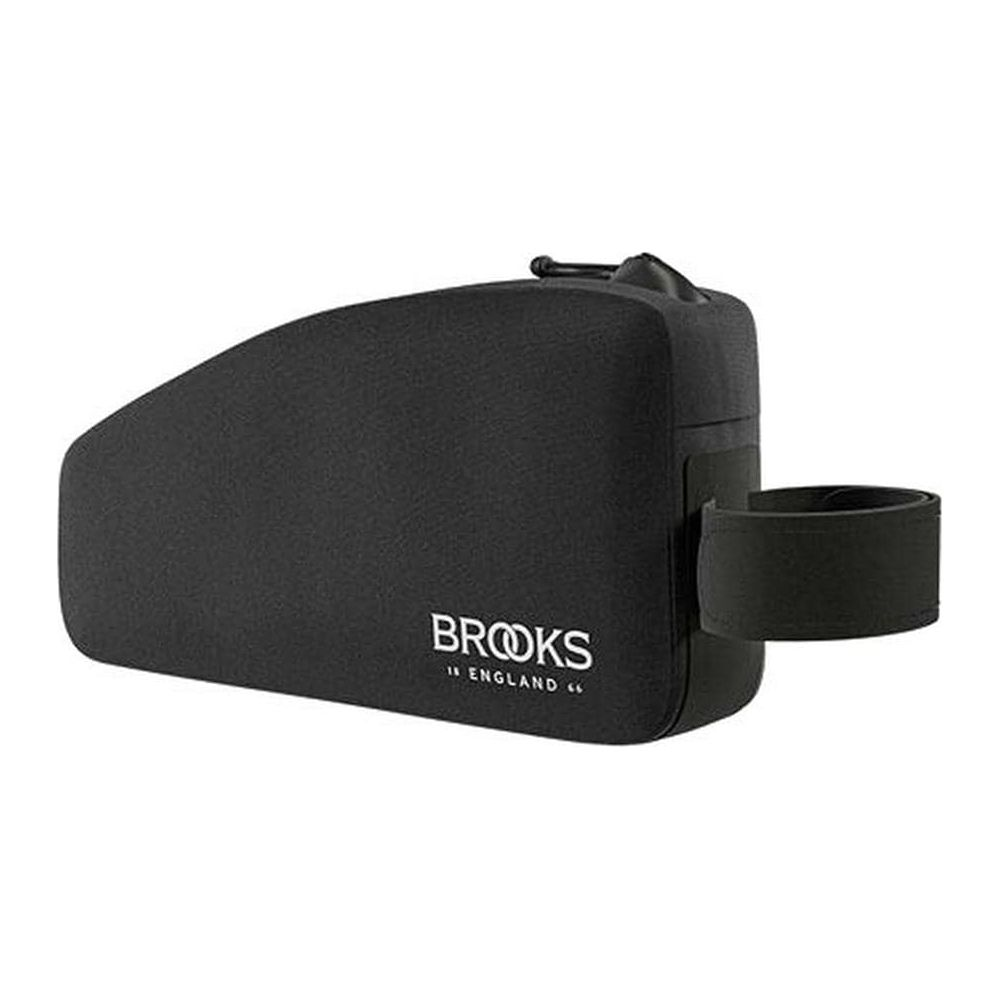 Sacoche de vélo Brooks noire avec logo blanc et sangle.