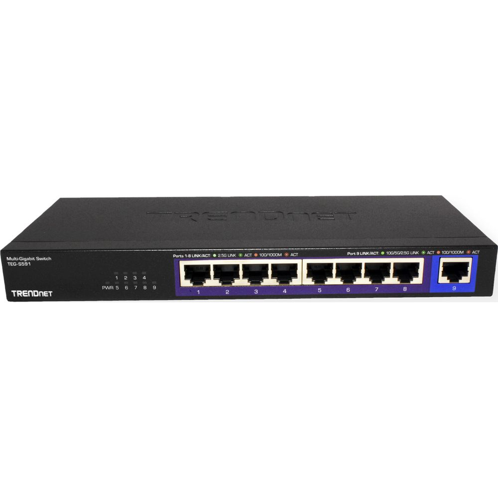 Switch TRENDnet multigigabit noir TEG-S591 avec 9 ports et indicateurs LED.
