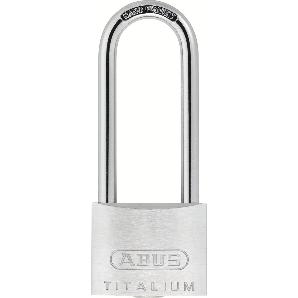 Ein silbernes Vorhängeschloss mit silbernem Bügel und der Aufschrift ABUS TITANIUM.