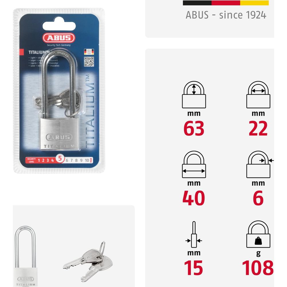 Silbernes ABUS Titalium Vorhängeschloss mit Schlüsseln in Verpackung und Maßen.