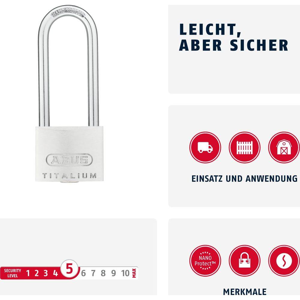 Ein silbernes Vorhängeschloss mit der Aufschrift ABUS TITALIUM. Links daneben die Angabe der Sicherheitsstufe 5.