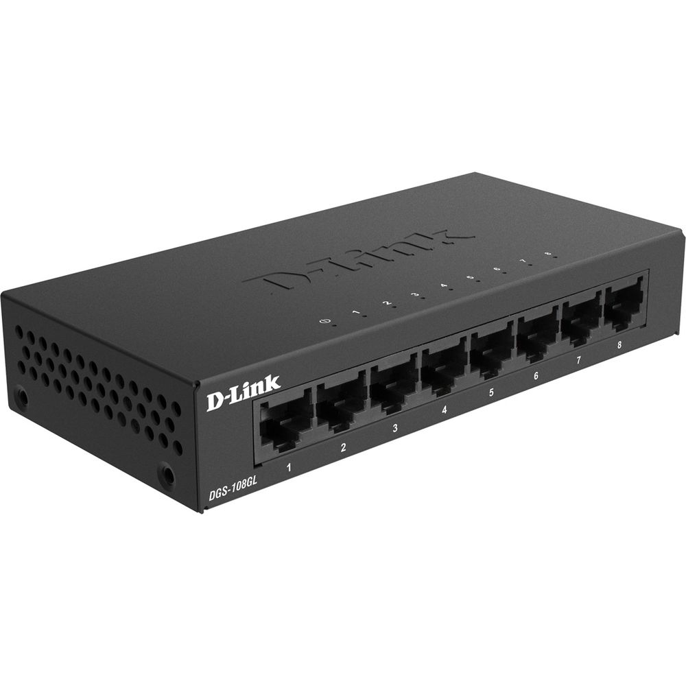 Ein schwarzer D-Link 8-Port Gigabit Ethernet Managed Switch.