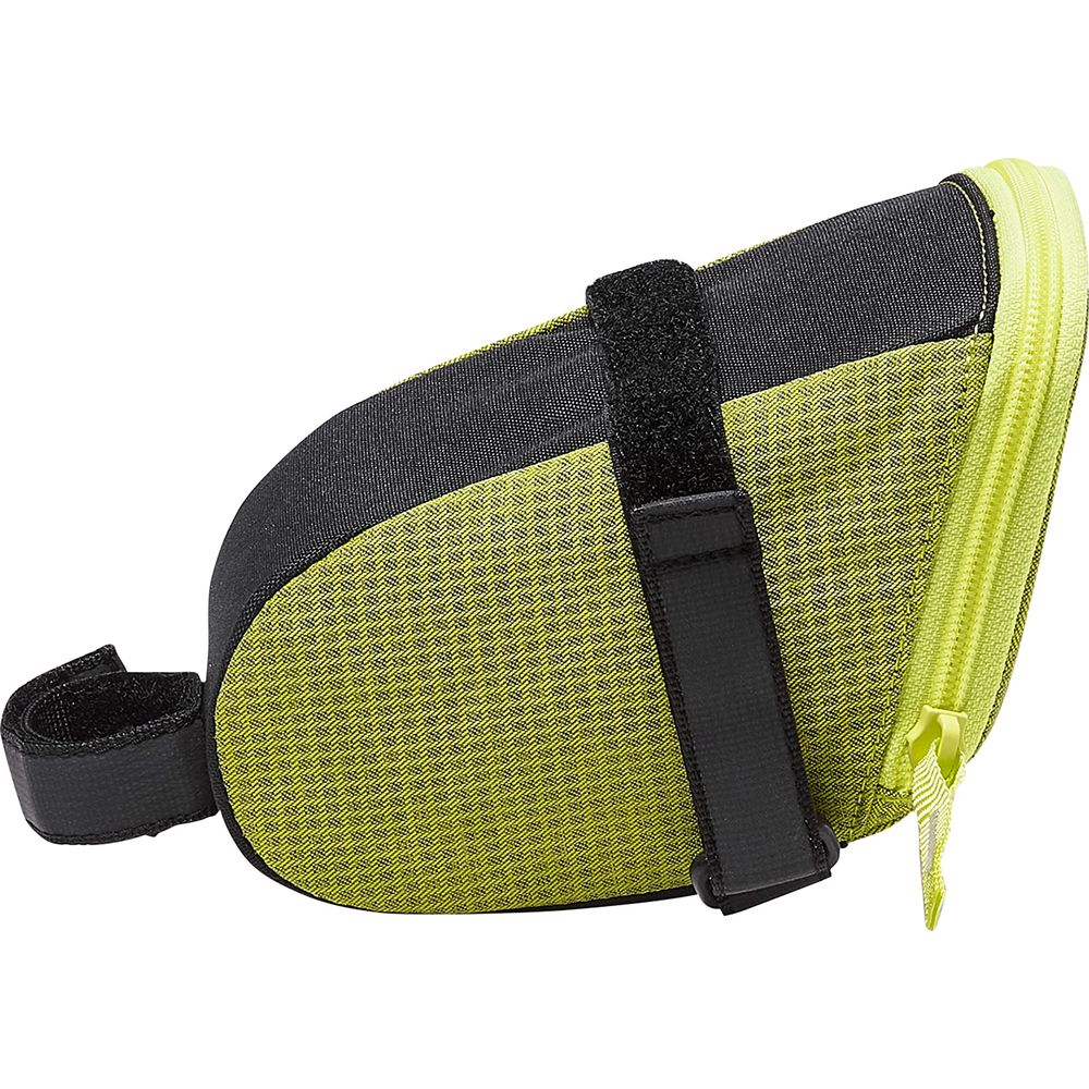 Un petit sac de vélo jaune fluo avec fermeture éclair noire et sangles.