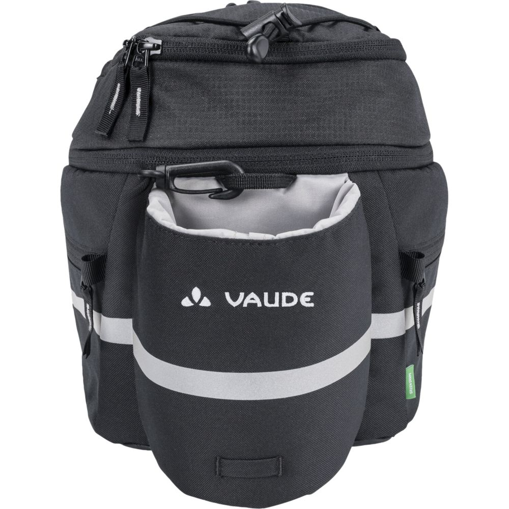 Sacoche de vélo Vaude noire avec bandes réfléchissantes et crochet.