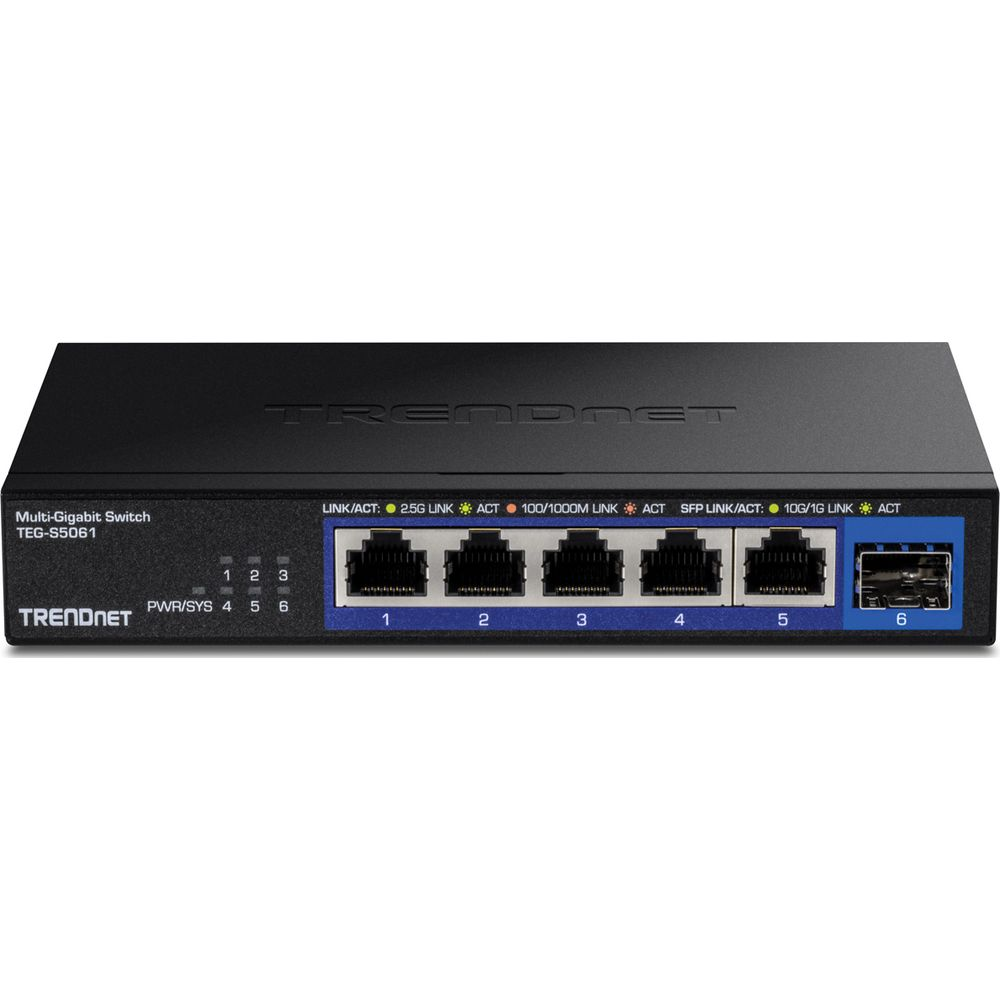 Switch Trendnet multi-gigabit noir avec six ports et voyants d'état.