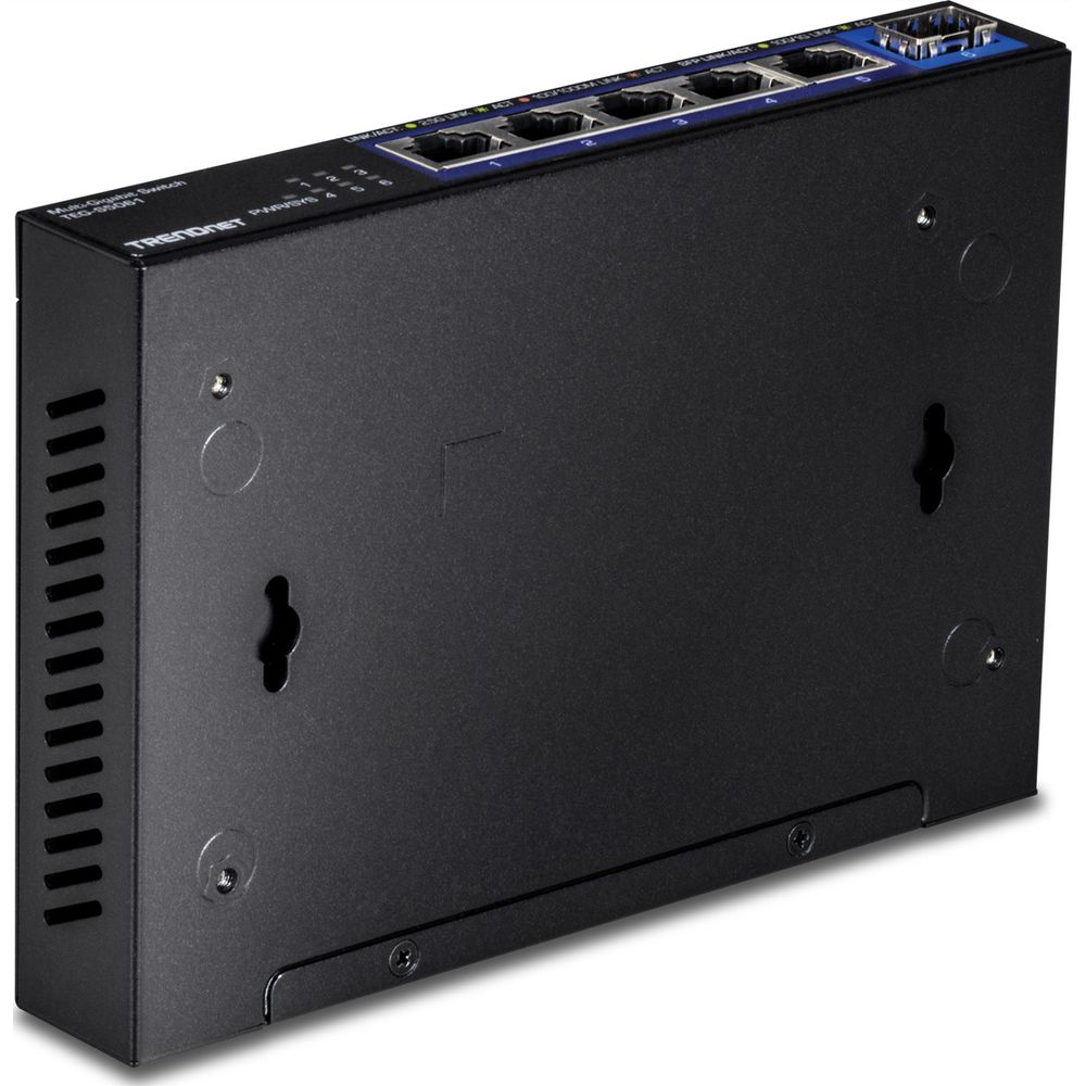 Switch TRENDnet multigigabit noir à 5 ports sur le dessus. Évents latéraux et trous de fixation murale.
