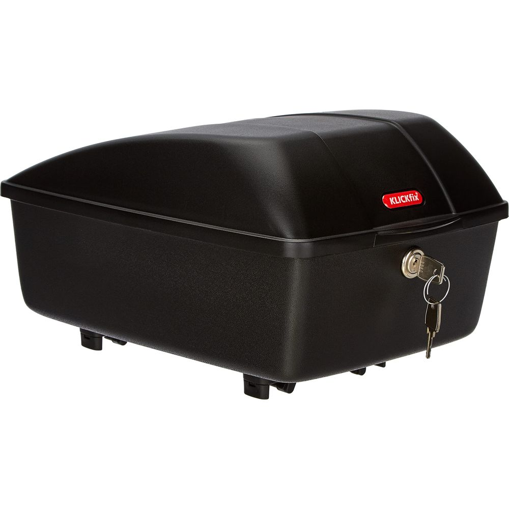 Boîte de rangement noire avec serrure et clé, logo Klickfix.