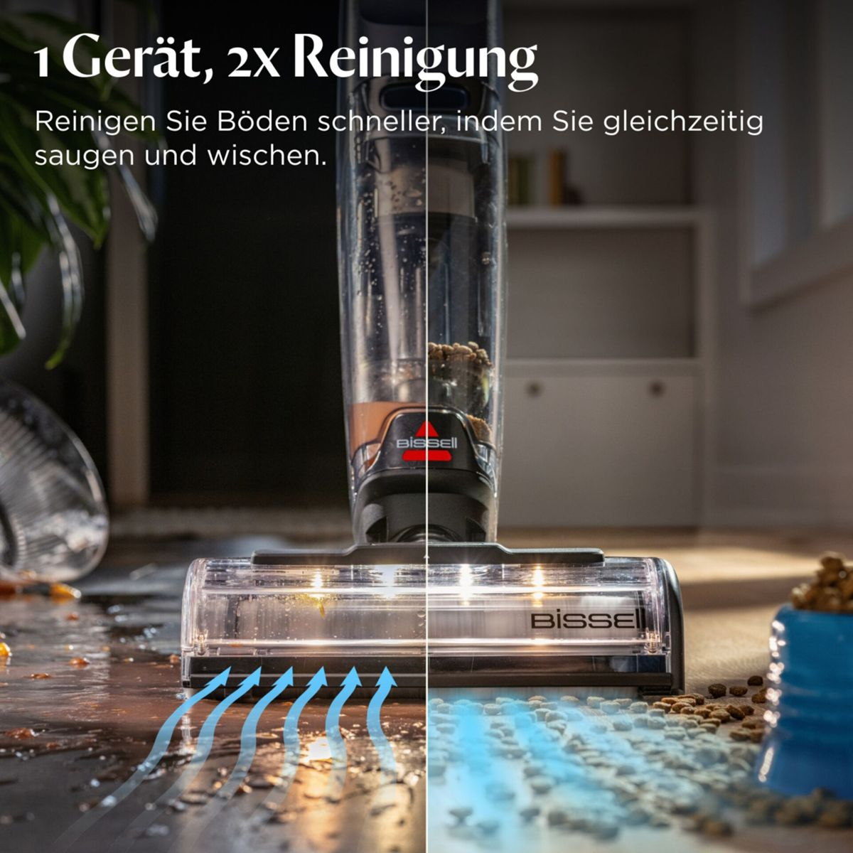 Bissell Reinigungsgerät saugt und wischt Schmutz und Tierfutter.
