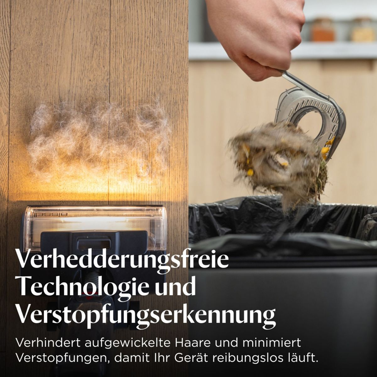 Ein Gerät sammelt Haare auf Holz und wirft sie in einen Mülleimer.
