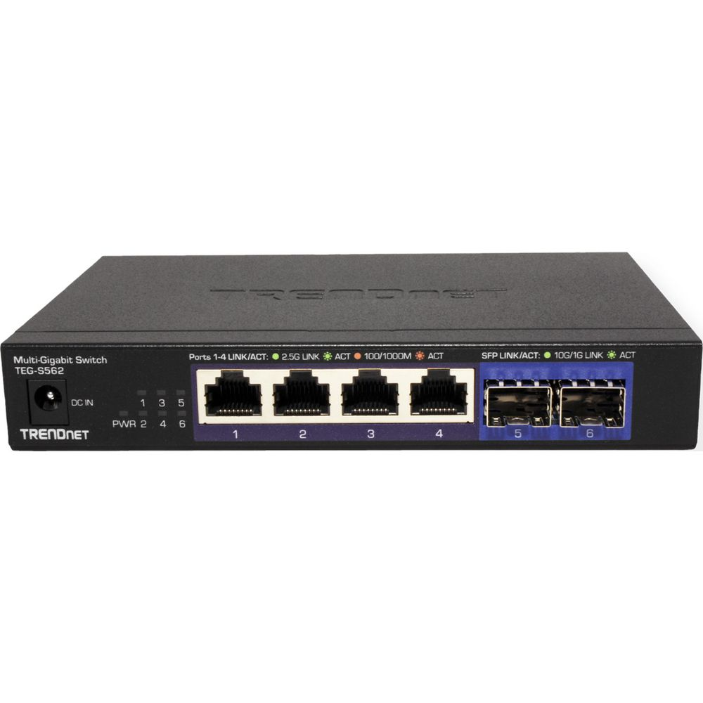 Switch TRENDnet Multi-Gigabit noir TEG-S562 avec 4 ports RJ45 et 2 ports SFP.