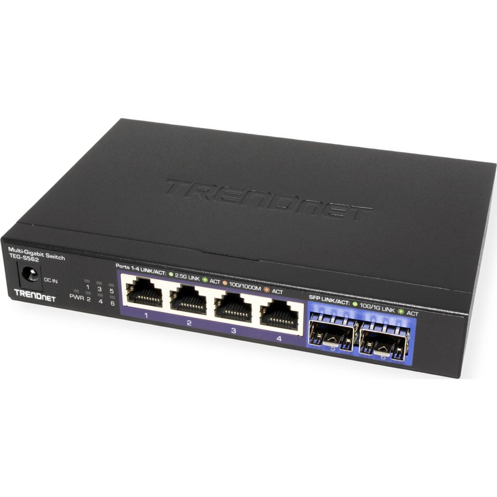 Switch multi-gigabit noir avec 4 ports Ethernet avant et 2 ports SFP.
