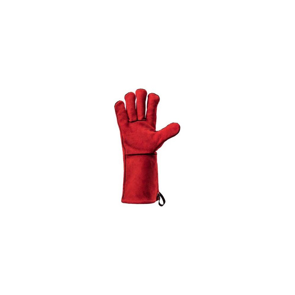 Eine rote Schweißerhandschuh mit langen Stulpen auf weißem Hintergrund.