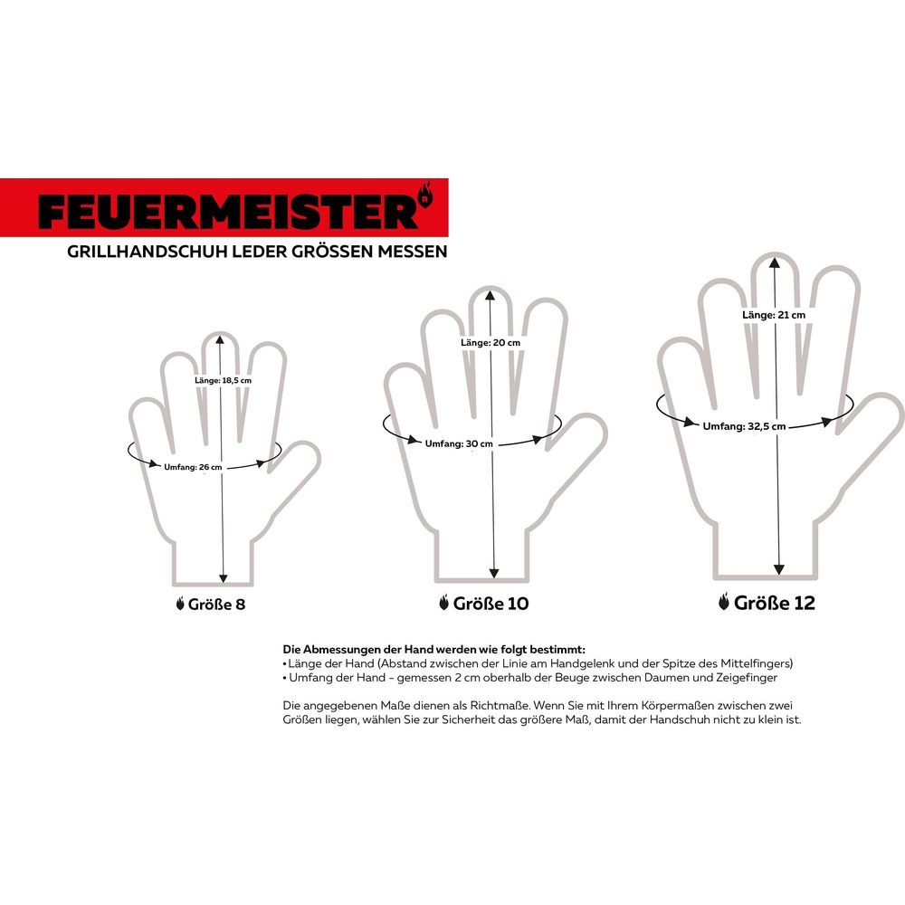 Anleitung zur Messung von Grillhandschuh-Größen mit Maßangaben für Größe 8, 10 und 12.