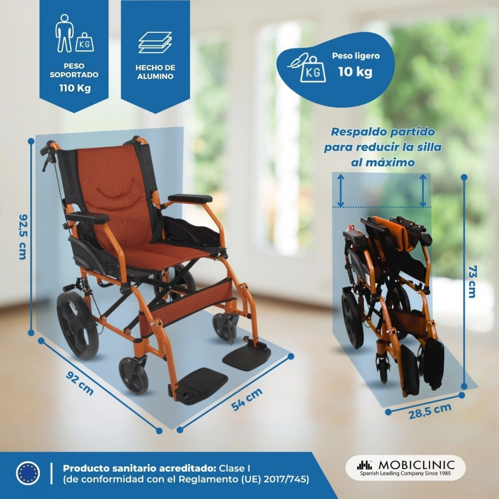 Silla de ruedas naranja ligera, dimensiones y peso mostrados. Una desplegada, una plegada.
