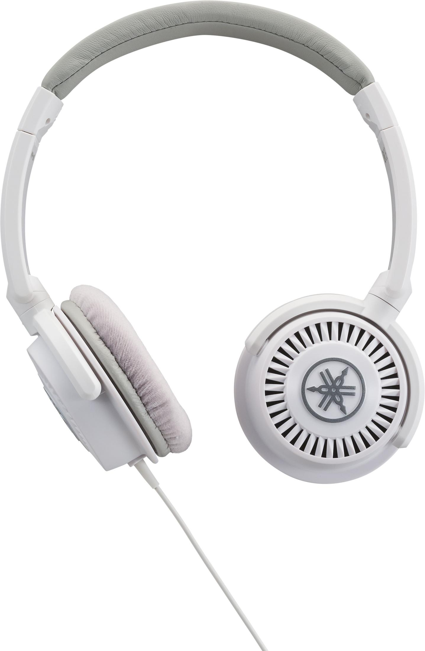 Casque blanc avec rembourrage gris et logo Yamaha sur les écouteurs.