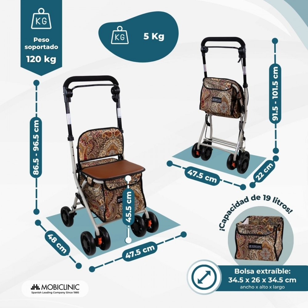 Andador con asiento, bolsa y dimensiones. Soporta 120 kg.