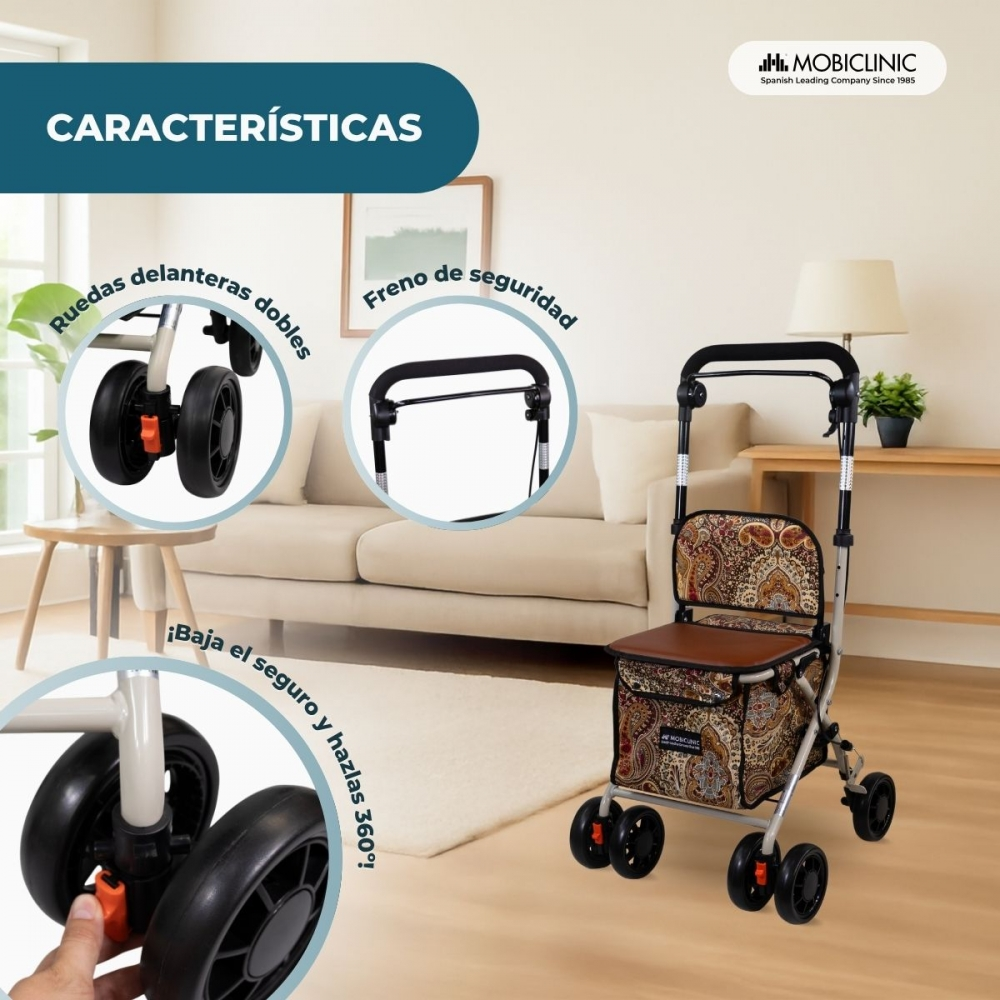 Andador con asiento y bolsa, ruedas dobles delanteras y freno de seguridad.