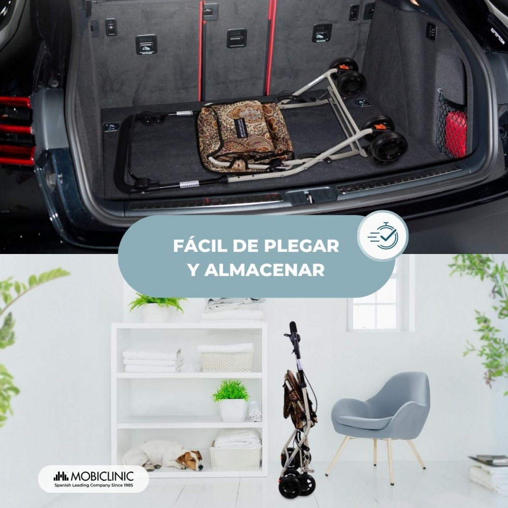 Un carrito de compras está en el maletero de un coche, con un carrito plegado al lado.
