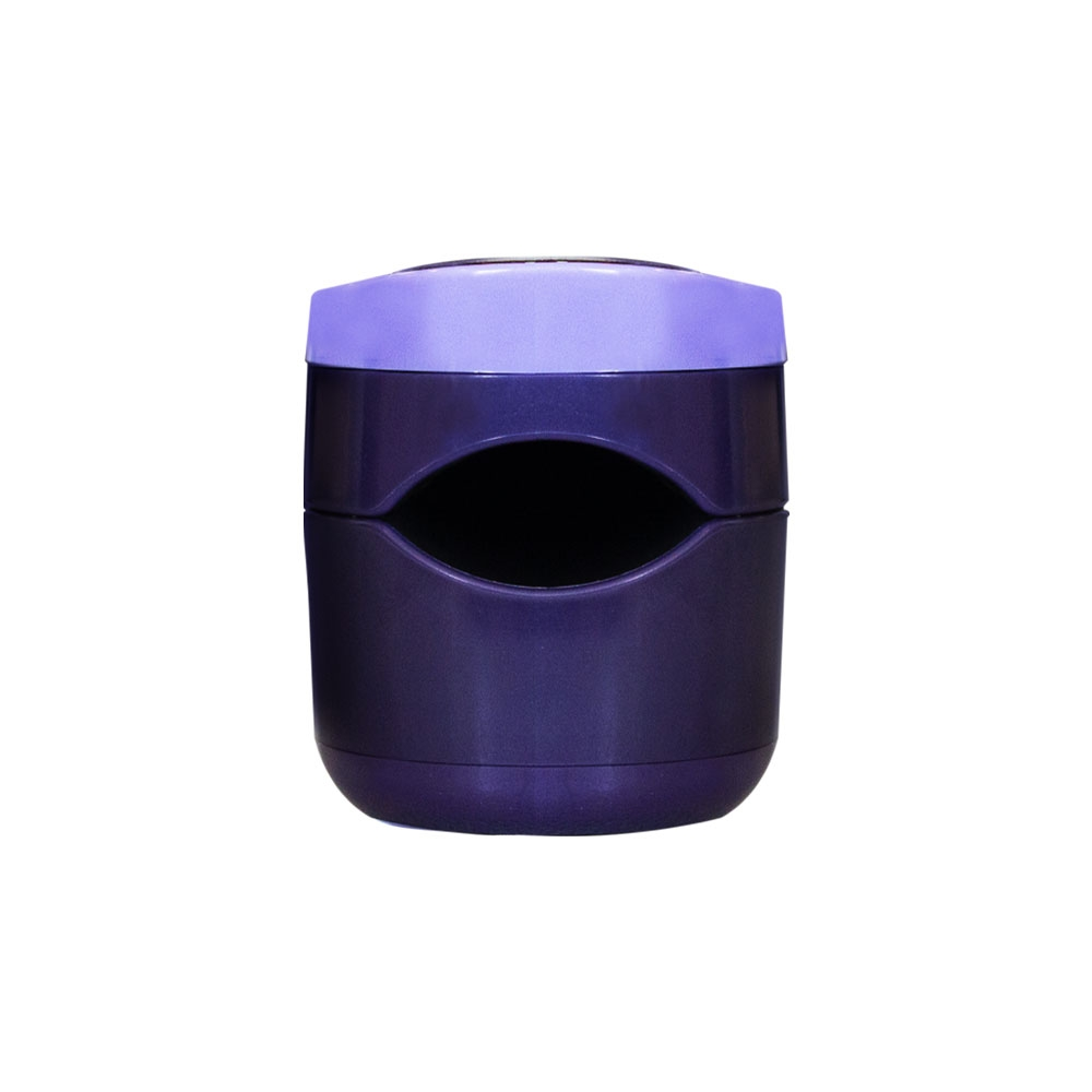 Un recipiente morado con tapa lila y un recorte ovalado.