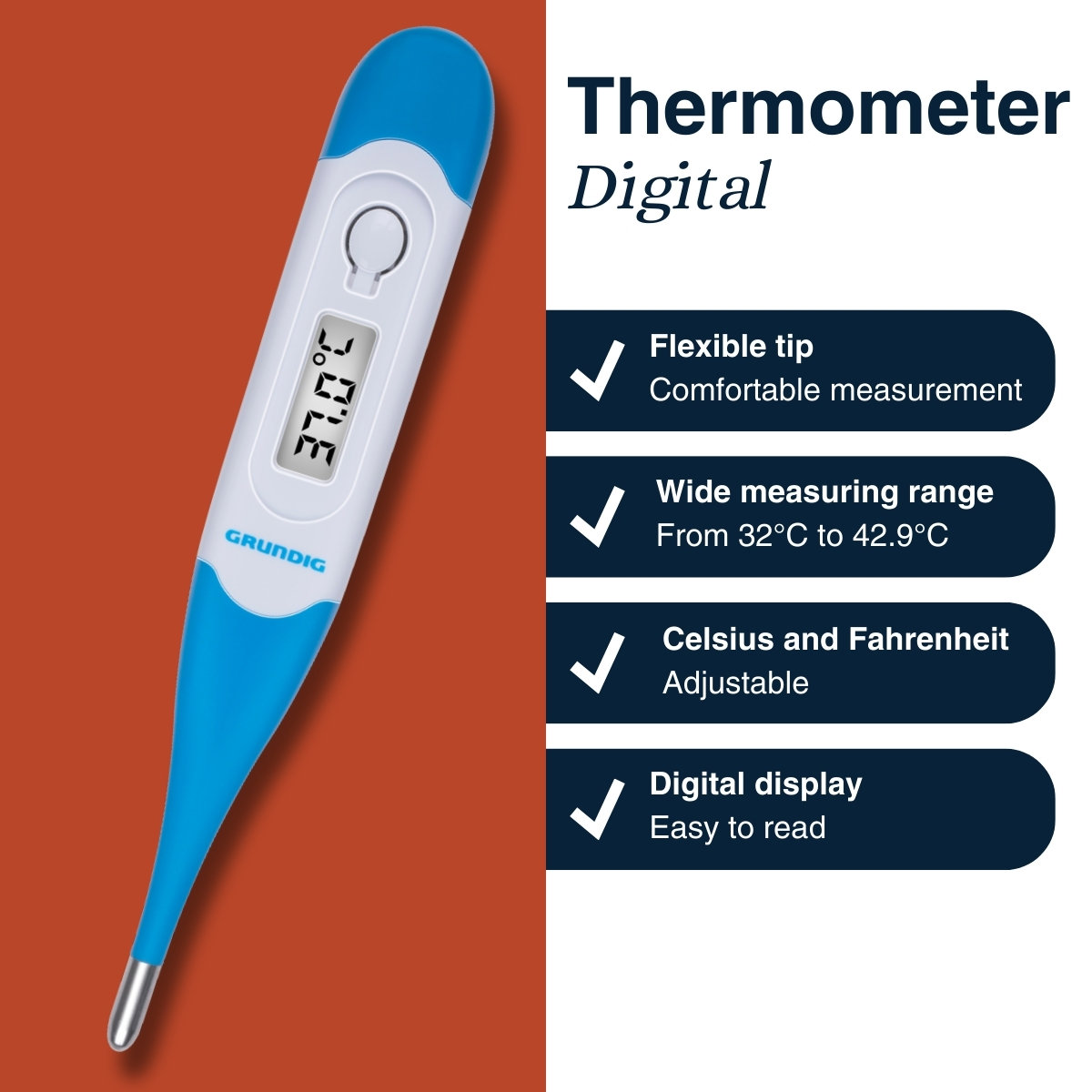 Ein digitaler Thermometer mit blauem Griff und klarem Display.
