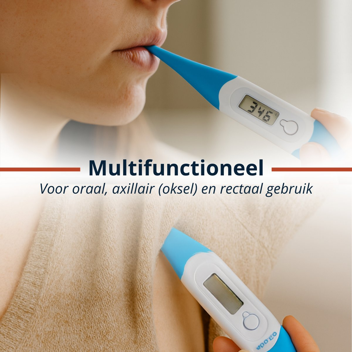 Eine Person benutzt ein digitales Thermometer unter der Zunge. Es zeigt 34,6 Grad.