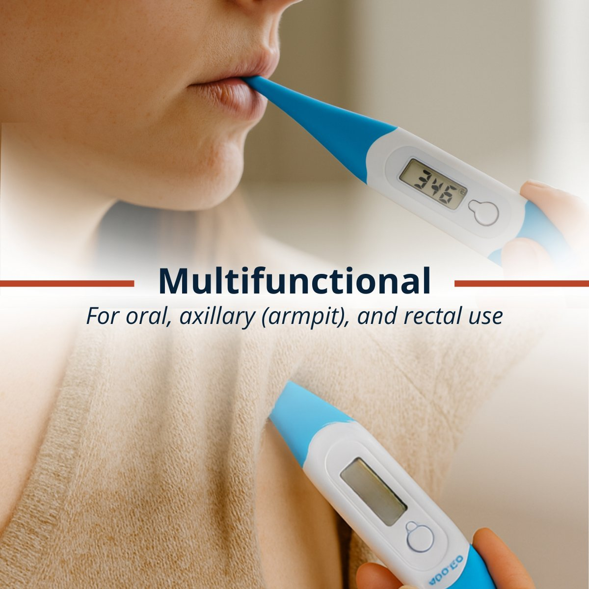 Eine Person benutzt ein blau-weißes Digitalthermometer oral. Text: Multifunktional.