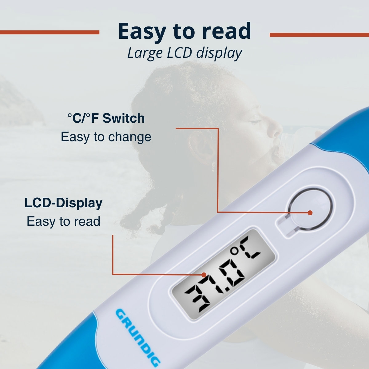 Ein digitales Thermometer mit LCD-Anzeige von 37,0°C auf hellem Hintergrund.