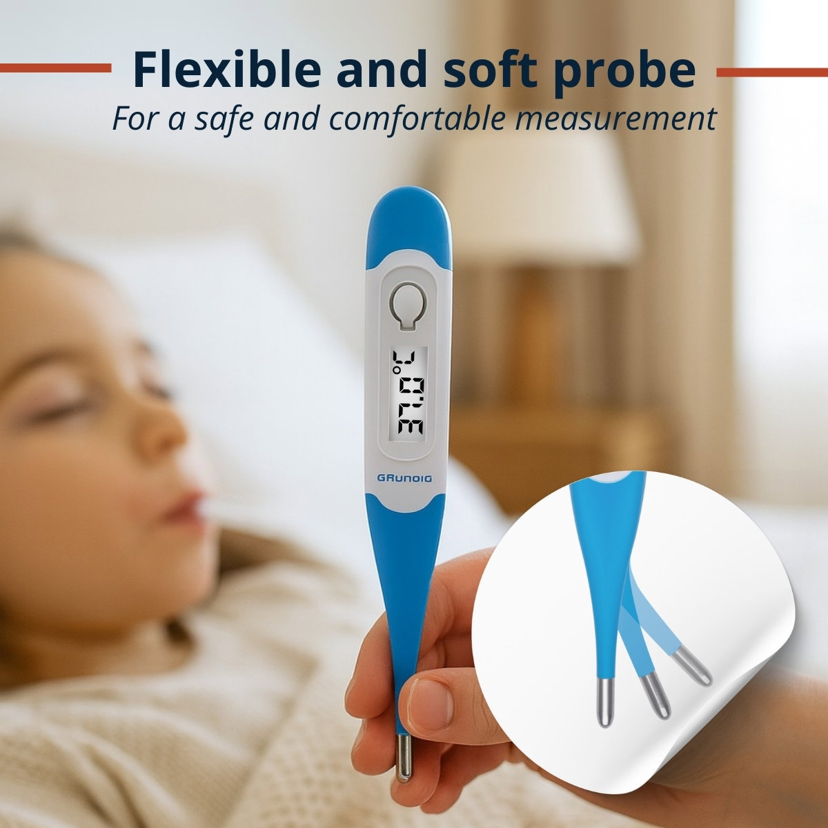 Kind im Bett, Person hält Thermometer mit 37,0°C Anzeige. Weiche Spitze hervorgehoben.