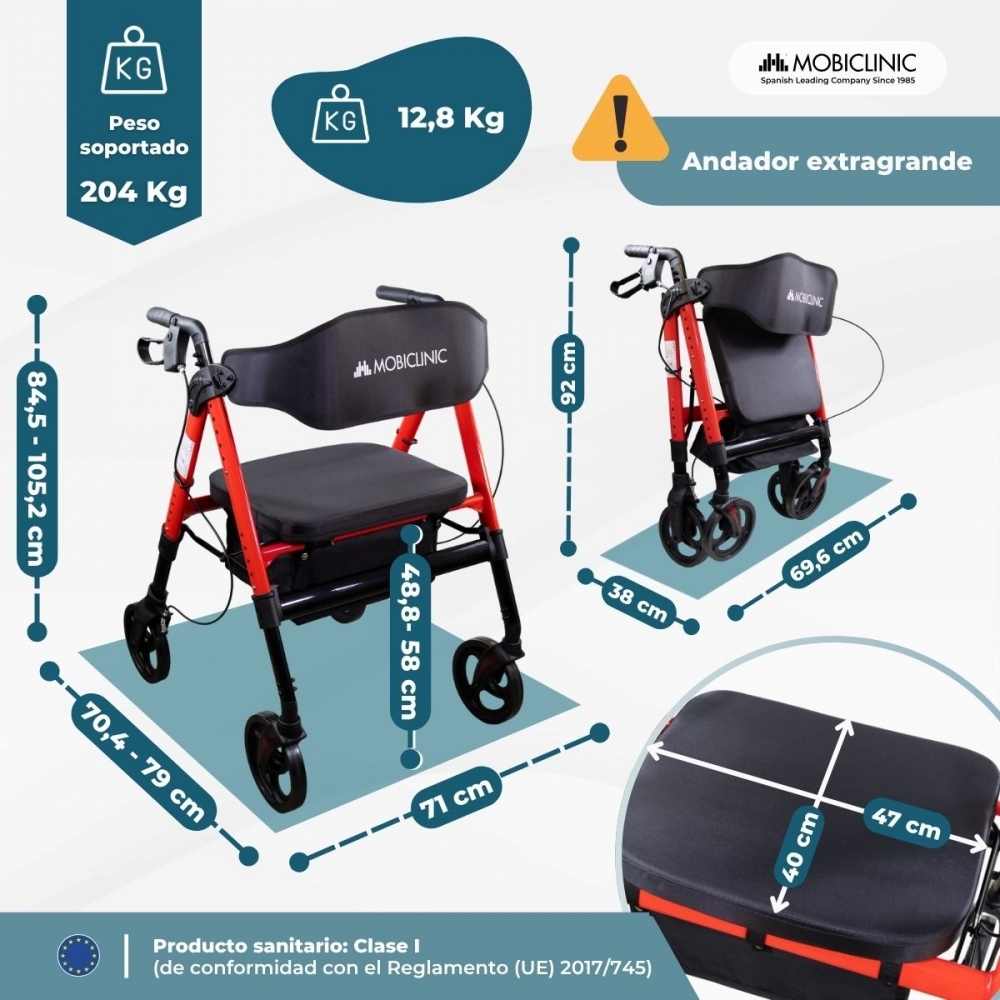 Un andador rojo con asiento, mostrando dimensiones y límites de peso. Capacidad 204 kg.