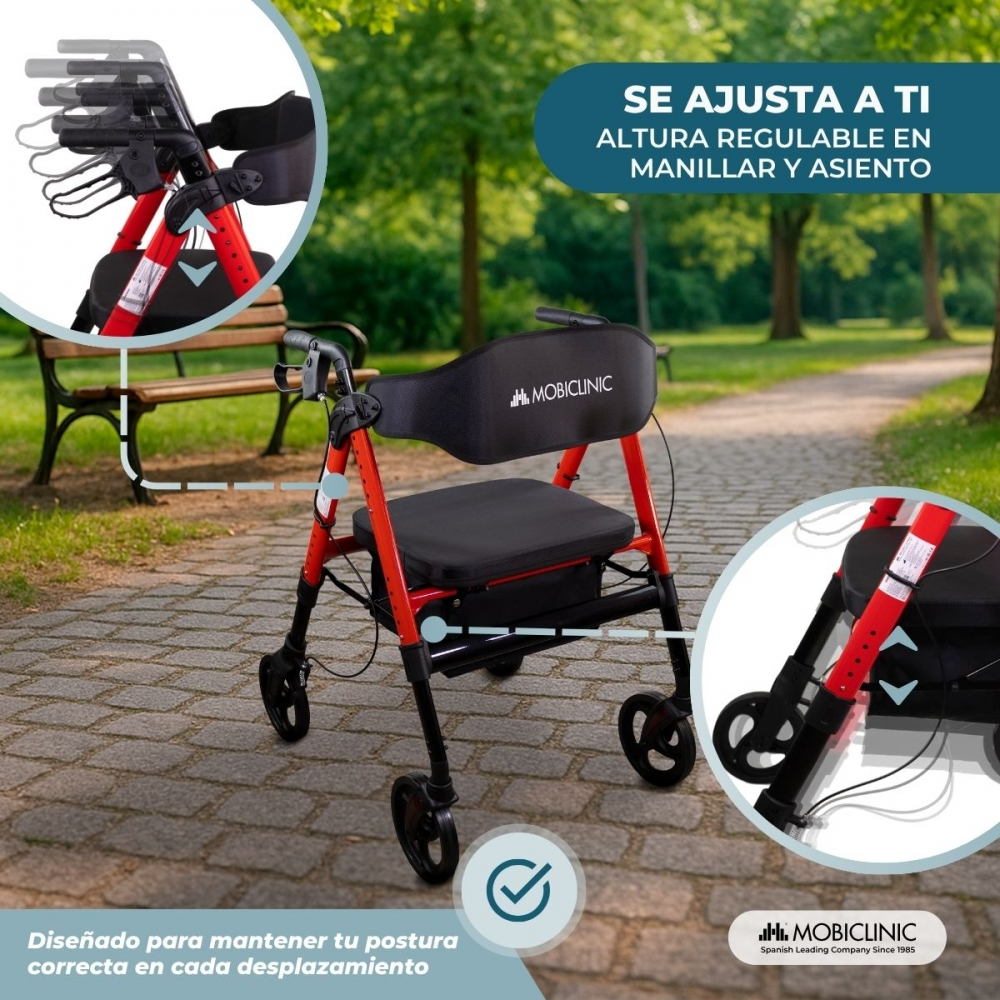 Un andador rojo con asiento y respaldo se alza en un camino pavimentado exterior.