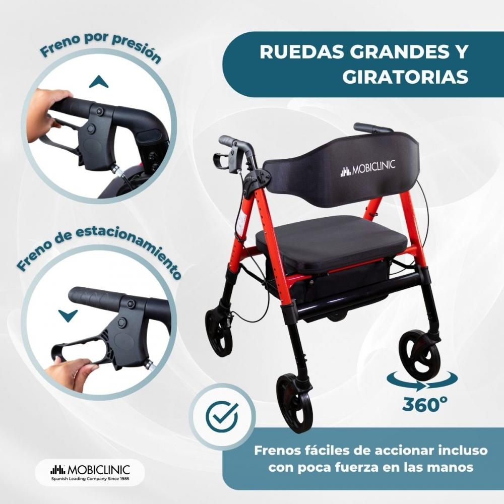 Un andador rojo con asiento y asas, mostrando primeros planos de los frenos.