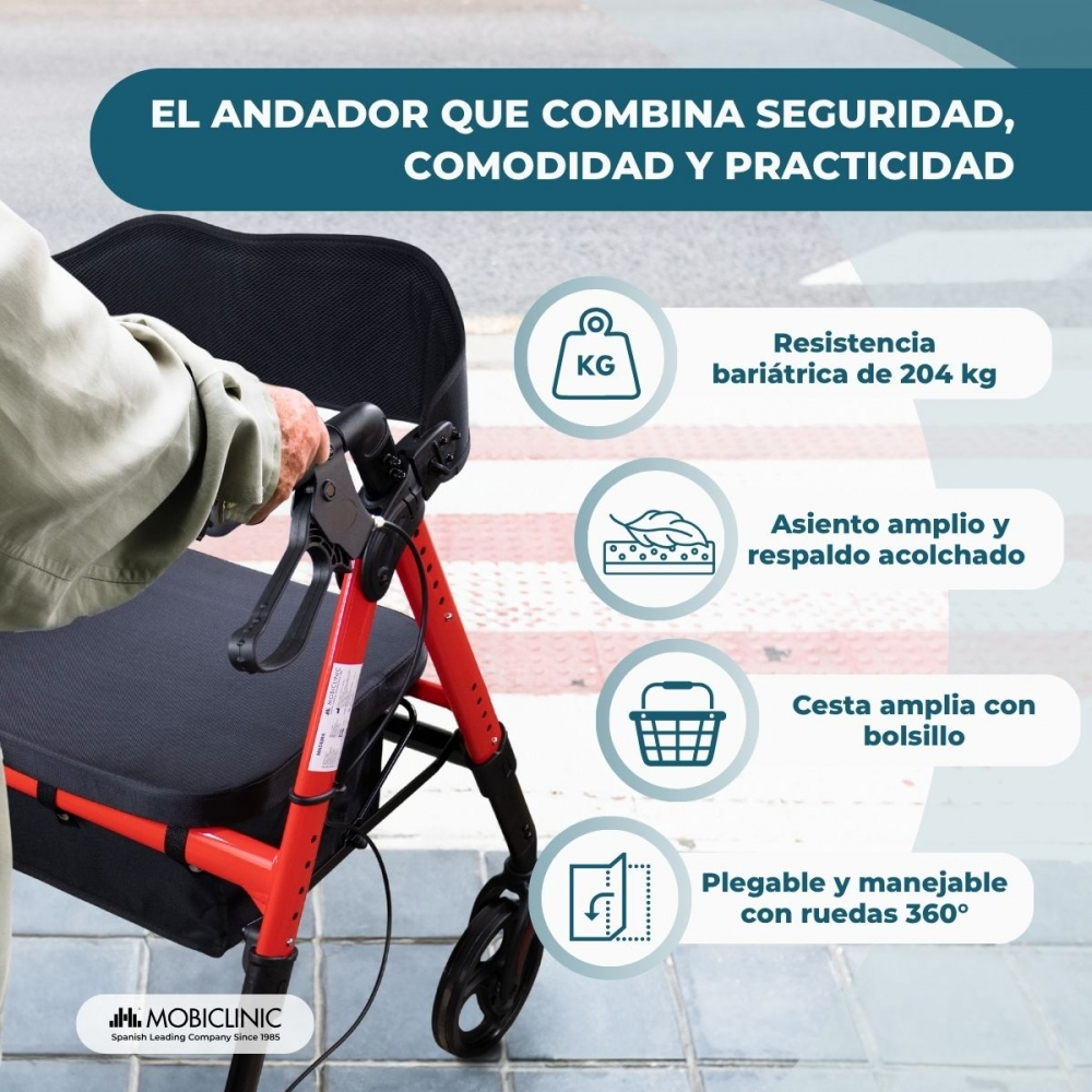 Un andador rojo con asiento negro, anunciando movilidad y comodidad.