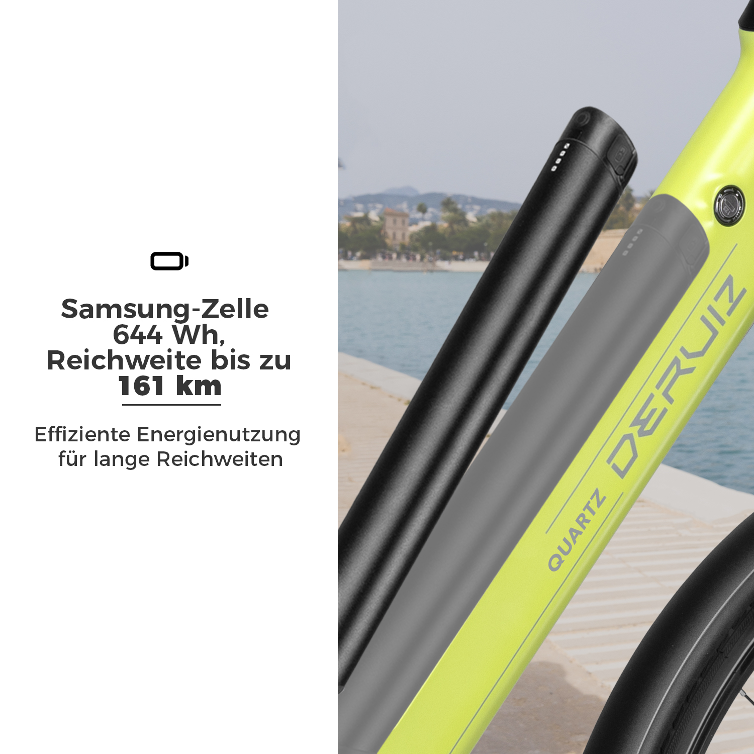 Ein gelbes E-Bike mit Samsung-Zelle 644 Wh, Reichweite bis 161 km.