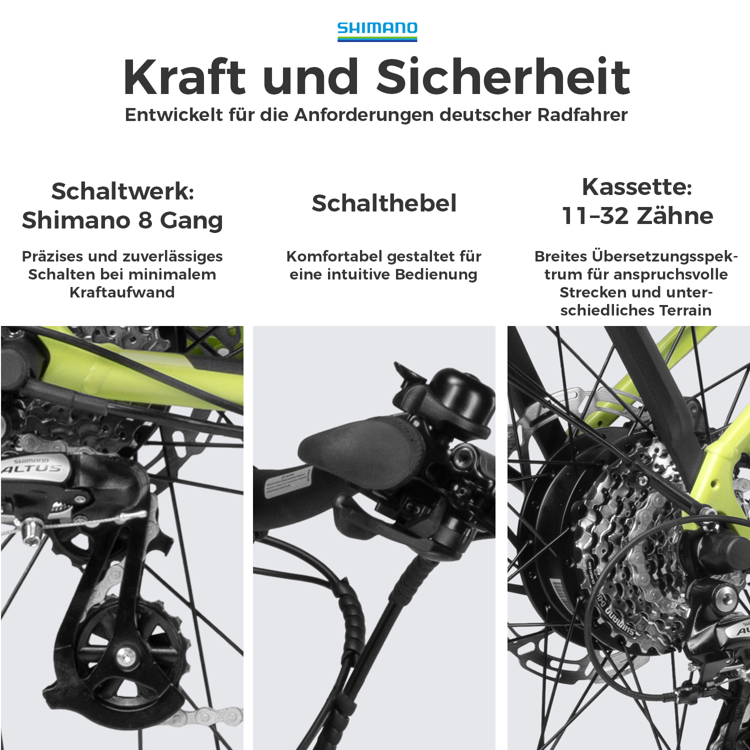 Shimano Fahrradkomponenten: Schaltwerk, Schalthebel, Kassette, Nahaufnahme.