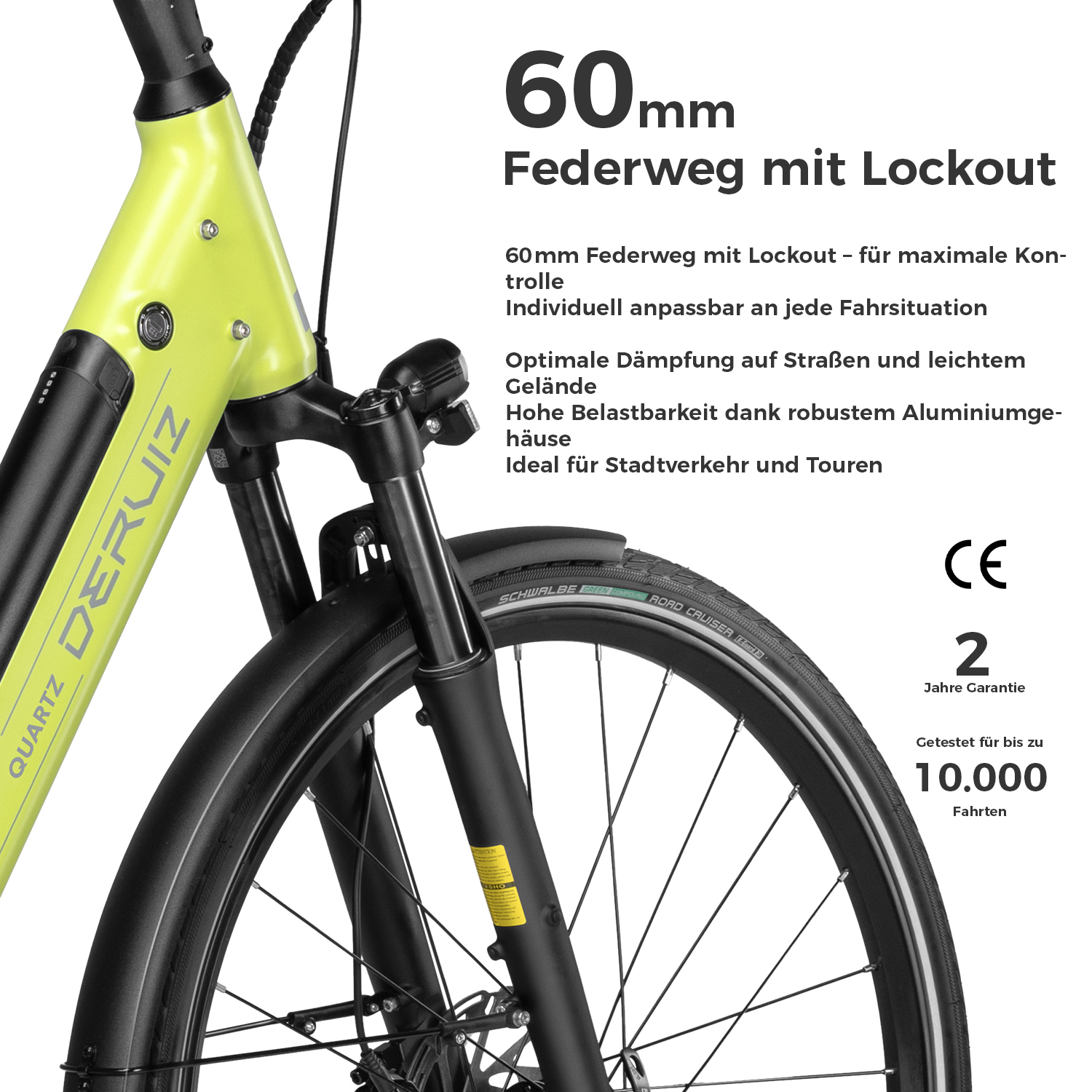 Ein hellgrünes Fahrrad mit 60mm Federweg und Textinfos.