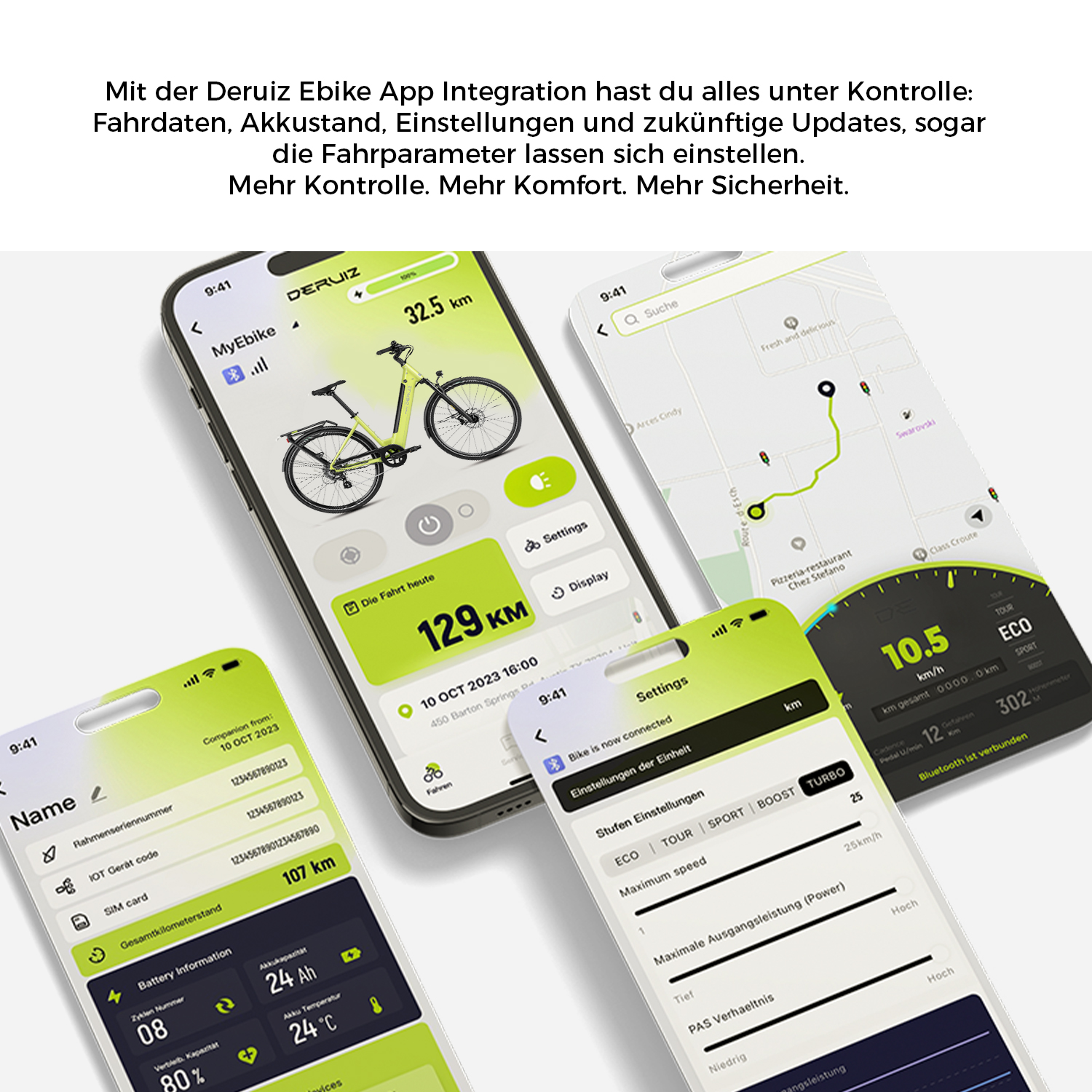 Drei Smartphone-Bildschirme zeigen E-Bike-Infos: Karte, Einstellungen & Fahrdaten.