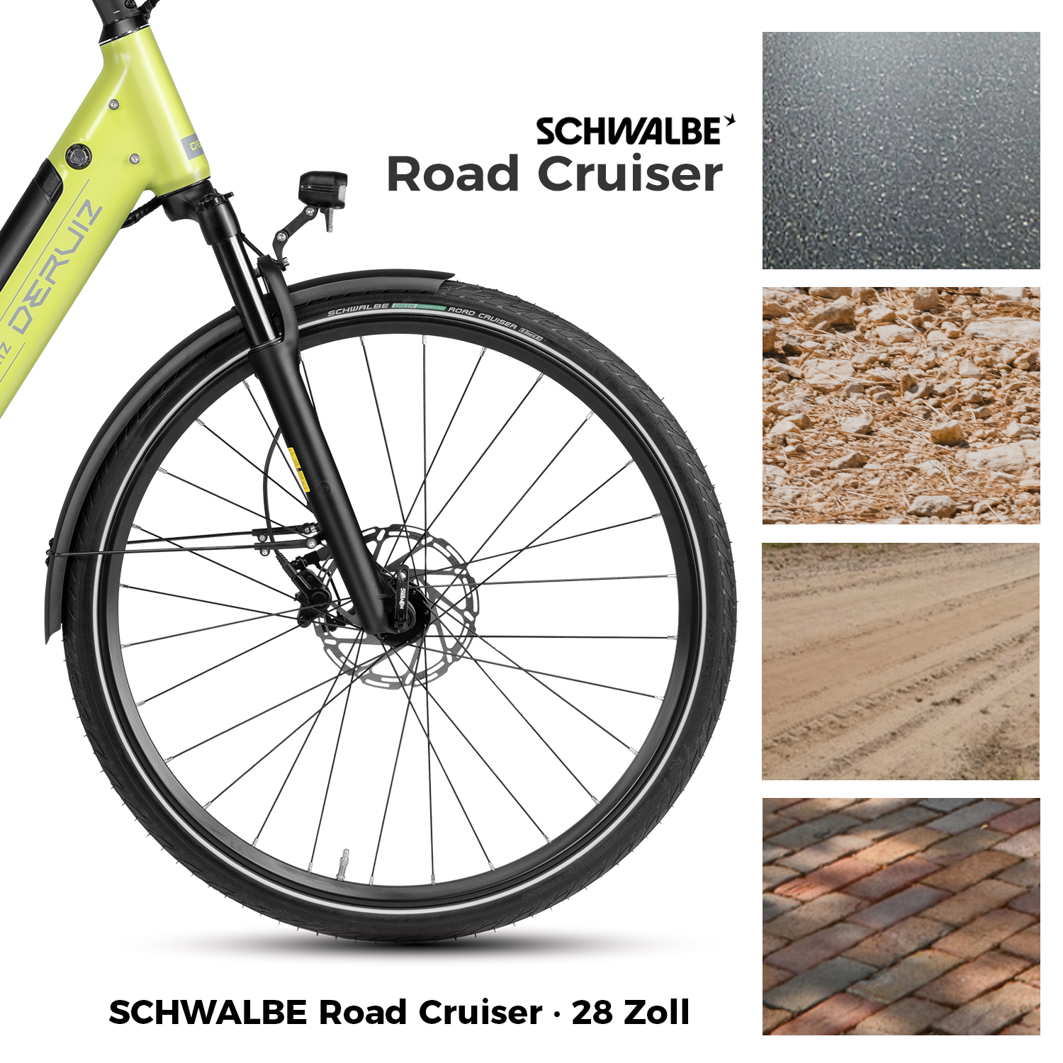 Ein gelbes Fahrrad mit SCHWALBE Road Cruiser Reifen und vier Bildausschnitten von Oberflächen.