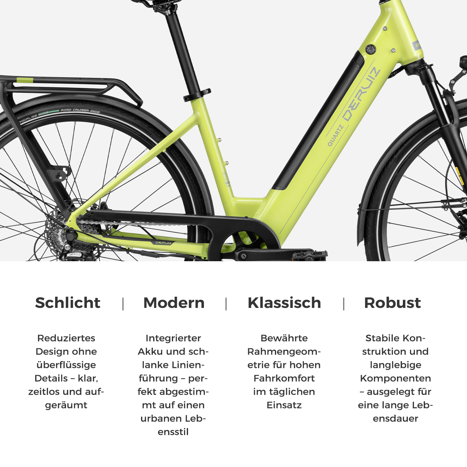 Ein hellgrünes E-Bike mit Gepäckträger, Schaltwerk und dem Schriftzug QUARTZ DERUIZ.