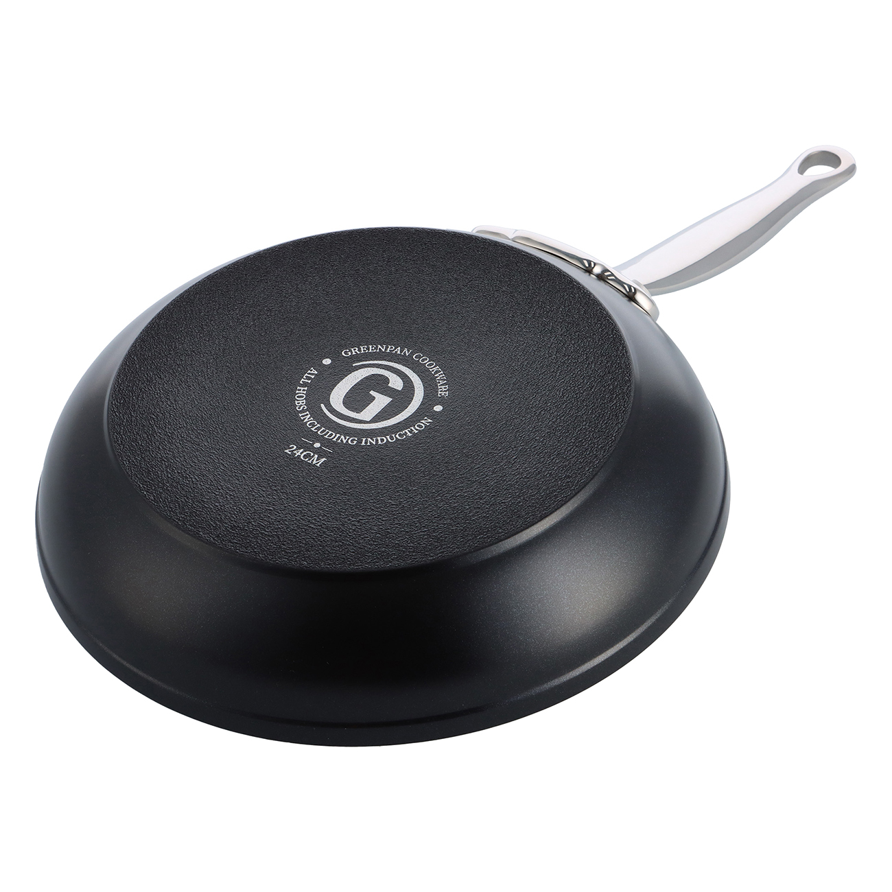 Schwarze Pfanne mit silbernem Griff, 24cm, mit Logo und Induktionskennzeichnung.