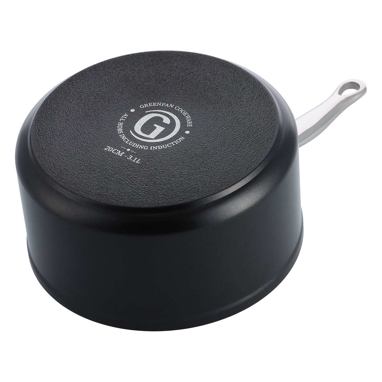 Olla negra con mango plateado y logo 'Greenpan Cookware'.
